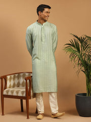 Shrestha By Vastramay Men's Green And Cream Cotton Blend Kurta Pyjama Set