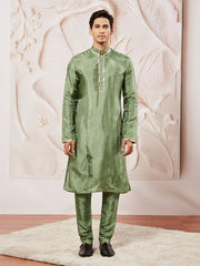 VASTRAMAY Men's Green Tissue Silk Kurta Pyjama Set