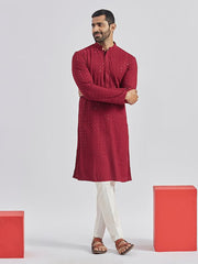 VASTRAMAY Men's Maroon And White Rayon Cotton Kurta Pyjama Set