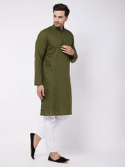 Vastramay Men's Green And White Cotton Linen Kurta Pyjama Set