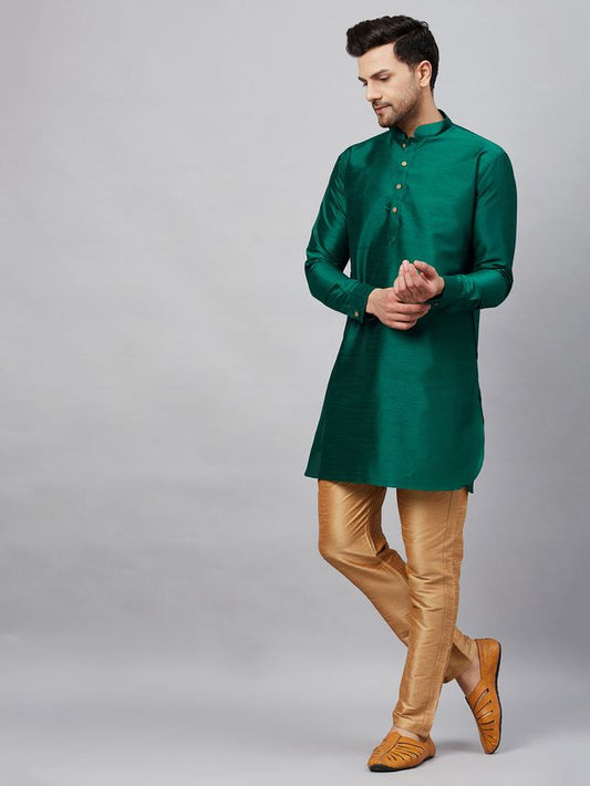 VM Men's Green And Rose Gold Cotton Blend Kurta Pyjama Set