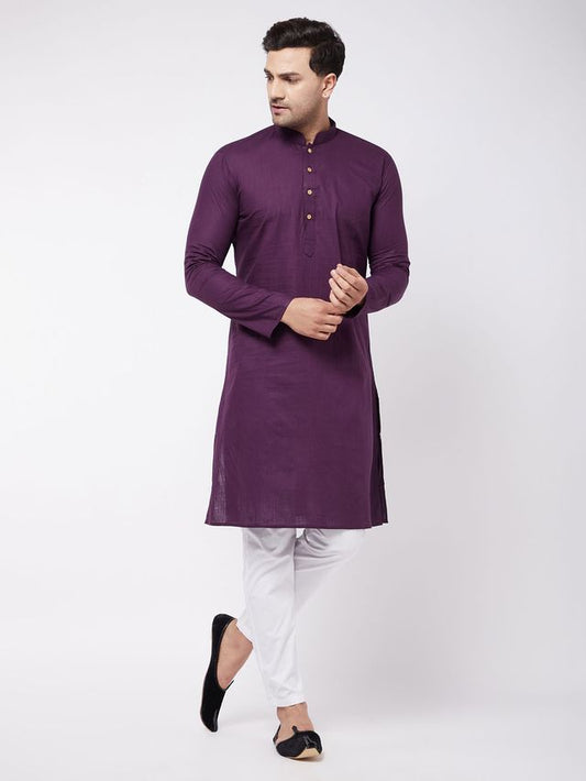 Vastramay Men's Purple And White Cotton Linen Kurta Pyjama Set