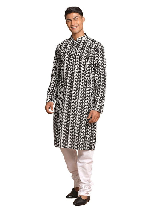 Vastramay Men's Black And White Pure Cotton Kurta Pyjama Set