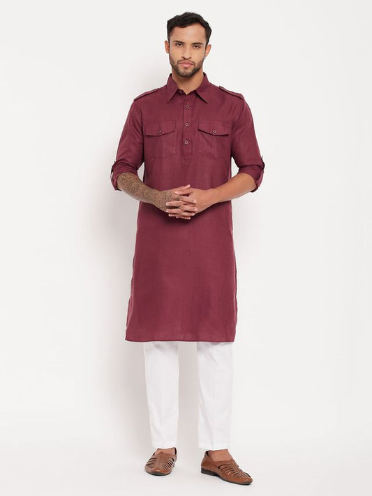 VM Men's Purple And White Cotton Blend Kurta Pyjama Set