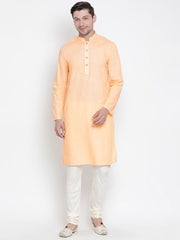 Vastramay Men's Orange Cotton Linen Blend Kurta Pyjama Set