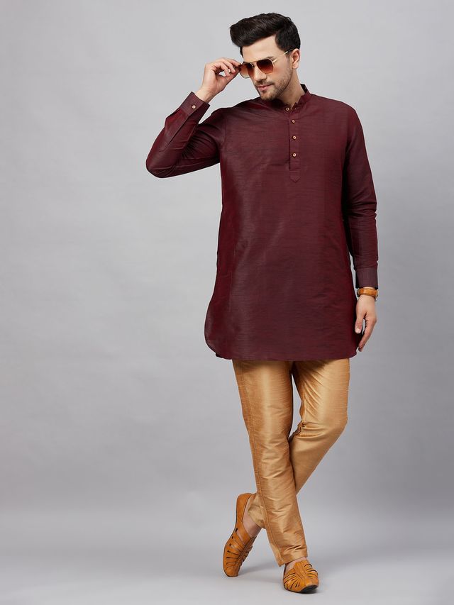 VM Men's Wine And Rose Gold Cotton Blend Kurta Pyjama Set