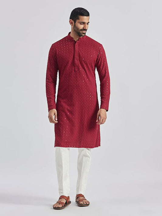 VASTRAMAY Men's Maroon And White Rayon Cotton Kurta Pyjama Set