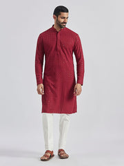 VASTRAMAY Men's Maroon And White Rayon Cotton Kurta Pyjama Set