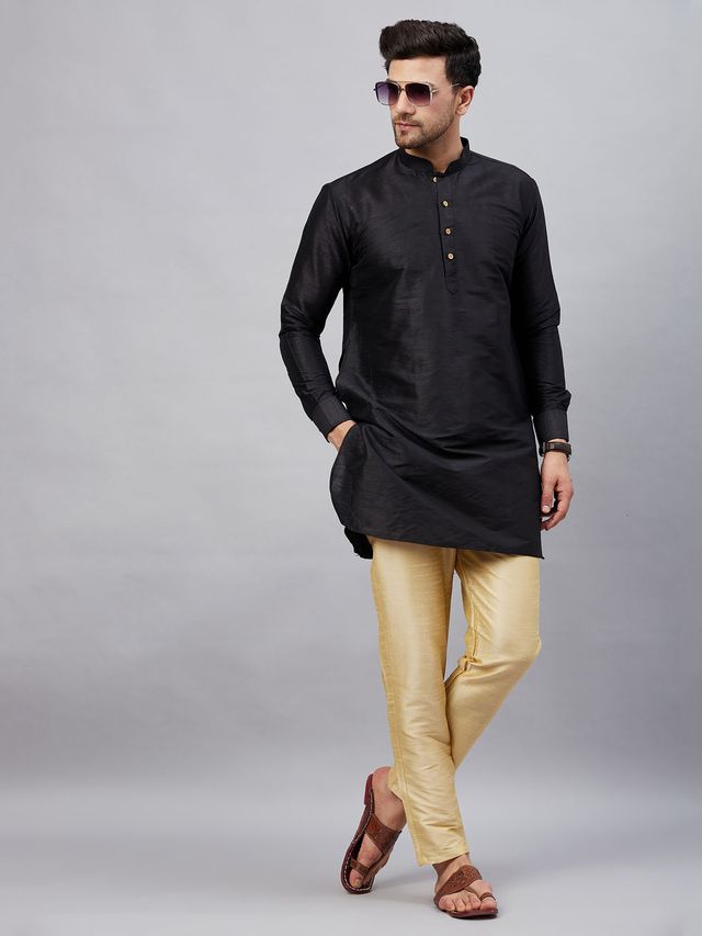 VM Men's Black And Gold Cotton Blend Kurta Pyjama Set