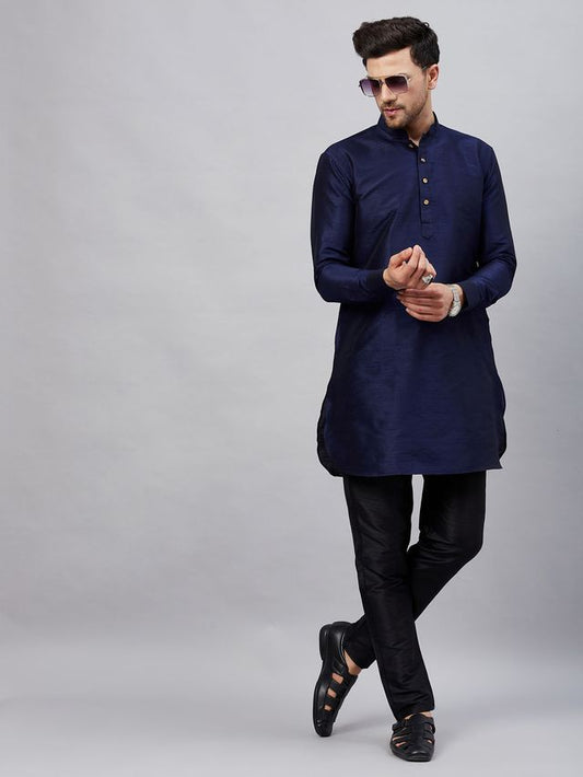 VM Men's Navy Blue And Black Cotton Blend Kurta Pyjama Set