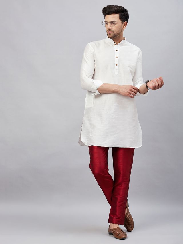 VM Men's White And Maroon Cotton Blend Kurta Pyjama Set