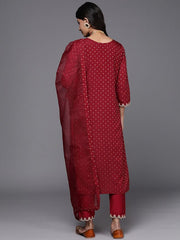 Indo Era Maroon Embroidered Straight Kurta Trousers With Dupatta Set