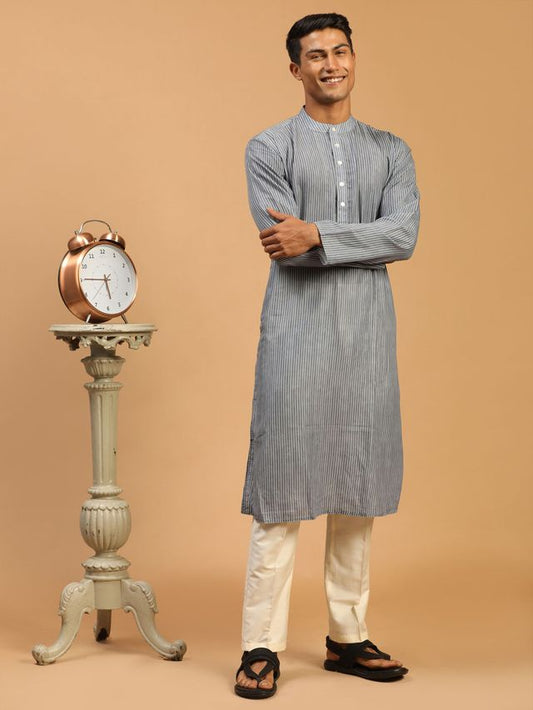 Vastramay Men's Grey And Cream Cotton Blend Kurta Pyjama Set