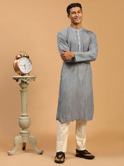 Vastramay Men's Grey And Cream Cotton Blend Kurta Pyjama Set