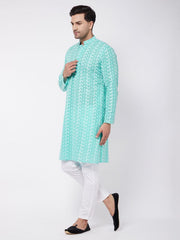 Vastramay Men's Green And White Pure Cotton Kurta Pyjama Set