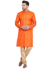 VM by Vastramay Men's Orange And Rose Gold Silk Blend Kurta Pyjama Set