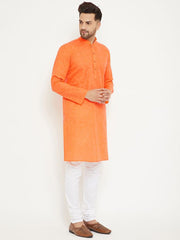 VM by Vastramay Men's Orange And White Cotton Blend Kurta Pyjama Set