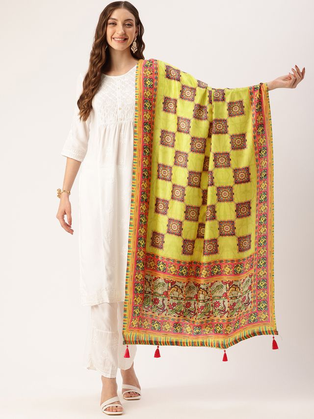 Sangam Prints Multi color Art Silk Printed Traditional Tassel Dupatta