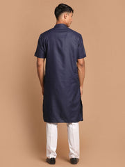 VM Men's Navy Blue And White Cotton Blend Kurta Pyjama Set