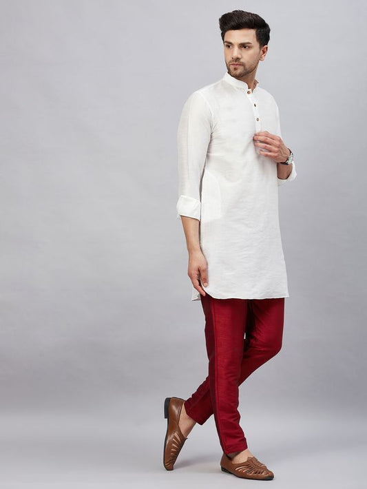 VM Men's White And Maroon Cotton Blend Kurta Pyjama Set