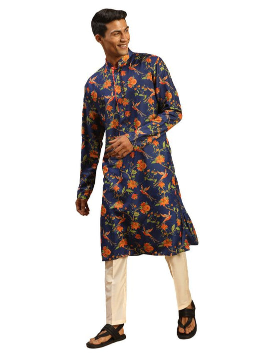 Vastramay Men's Multicolor-Base-Navy Blue And Cream Muslin Kurta Pyjama Set