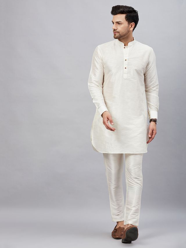 VM Men's Cream And Cream Cotton Blend Kurta Pyjama Set