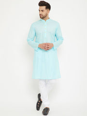 VM by Vastramay Men's Aqua Blue And White Cotton Kurta Pyjama Set