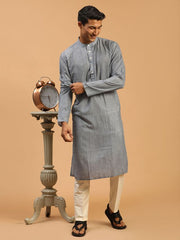 Vastramay Men's Grey And Cream Cotton Blend Kurta Pyjama Set