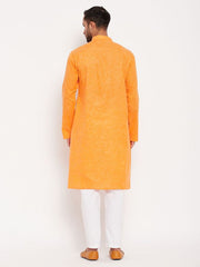 VM Men's Orange And White Cotton Kurta Pyjama Set