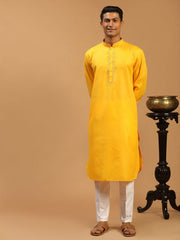 Vastramay Men's Yellow Cotton Blend Kurta & Pyjama Set