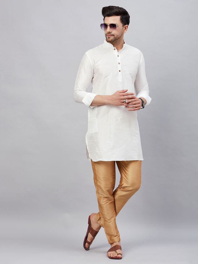 VM Men's White And Rose Gold Cotton Blend Kurta Pyjama Set