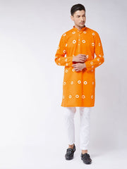 Vastramay Men's Orange And White Pure Cotton Kurta Pyjama Set