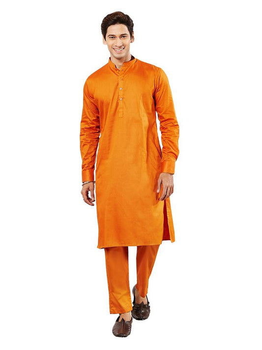 VASTRAMAY Men's Orange Cotton Blend Kurta Pyjama Set