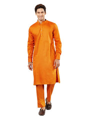 VASTRAMAY Men's Orange Cotton Blend Kurta Pyjama Set