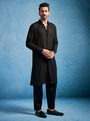 VASTRAMAY Men's Black Georgette Kurta Pyjama Set