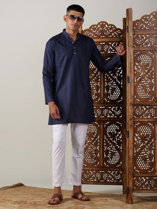 VASTRAMAY Men's Navy Blue And White Cotton Blend Kurta Pyjama Set