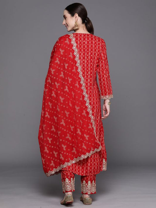 Indo Era Red Printed Straight Kurta Trousers With Dupatta Set