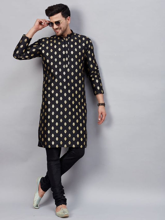 VM Men's Black Dupion Silk Kurta Pyjama Set