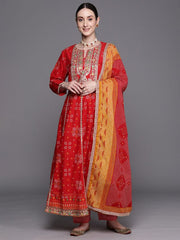 Indo Era Red Printed Anarkali Kurta Trousers With Dupatta Set