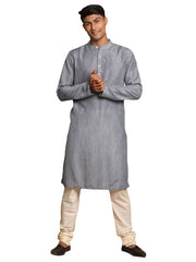 Vastramay Men's Grey And Cream Cotton Blend Kurta Pyjama Set