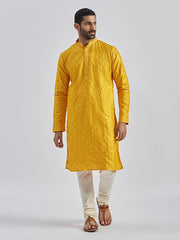 VASTRAMAY Men's Yellow And Cream Silk Blend Kurta Pyjama Set