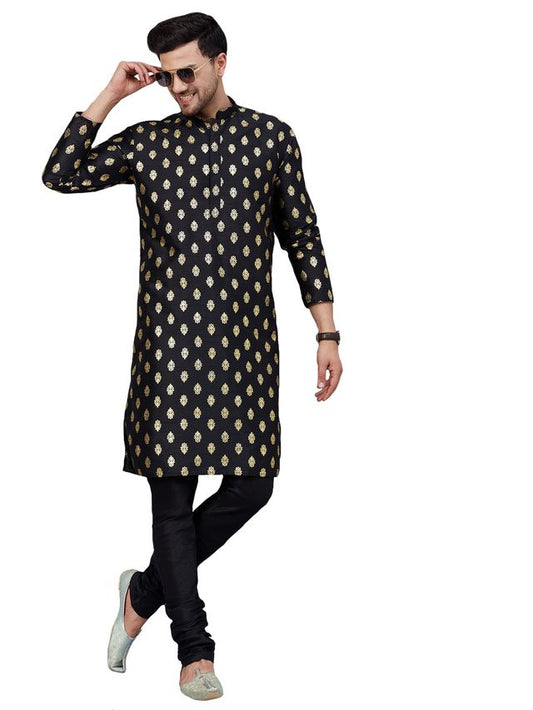 VM Men's Black Dupion Silk Kurta Pyjama Set