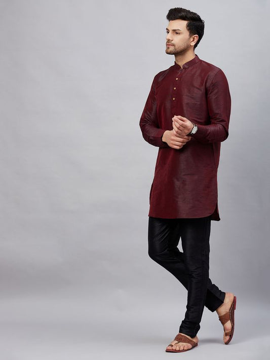 VM Men's Wine And Black Cotton Blend Kurta Pyjama Set