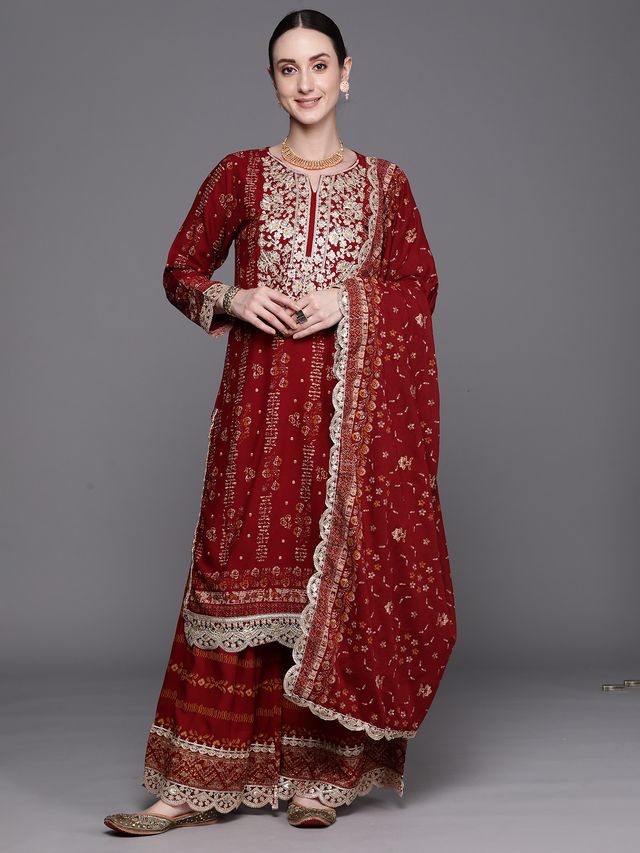 Indo Era Maroon Printed Straight Kurta Sharara With Dupatta Set