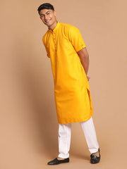 VM Men's Mustard And White Cotton Blend Kurta Pyjama Set