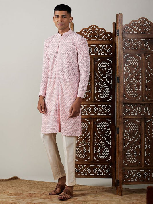 Vastramay Men's Pink Georgette Kurta & Pyjama