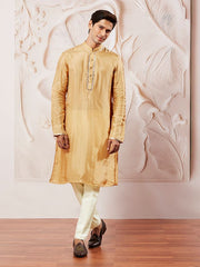 VASTRAMAY Men's Gold Tissue Silk Kurta Pyjama Set