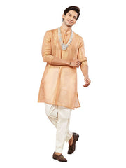 VASTRAMAY Men's Rust Tissue Silk Kurta Pyjama Set