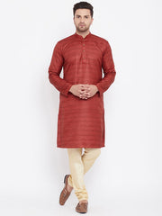 VM by Vastramay Men's Maroon And Gold Silk Blend Kurta Pyjama Set