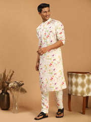 Vastramay Men's Cream Cotton Blend Kurta Pyjama Set